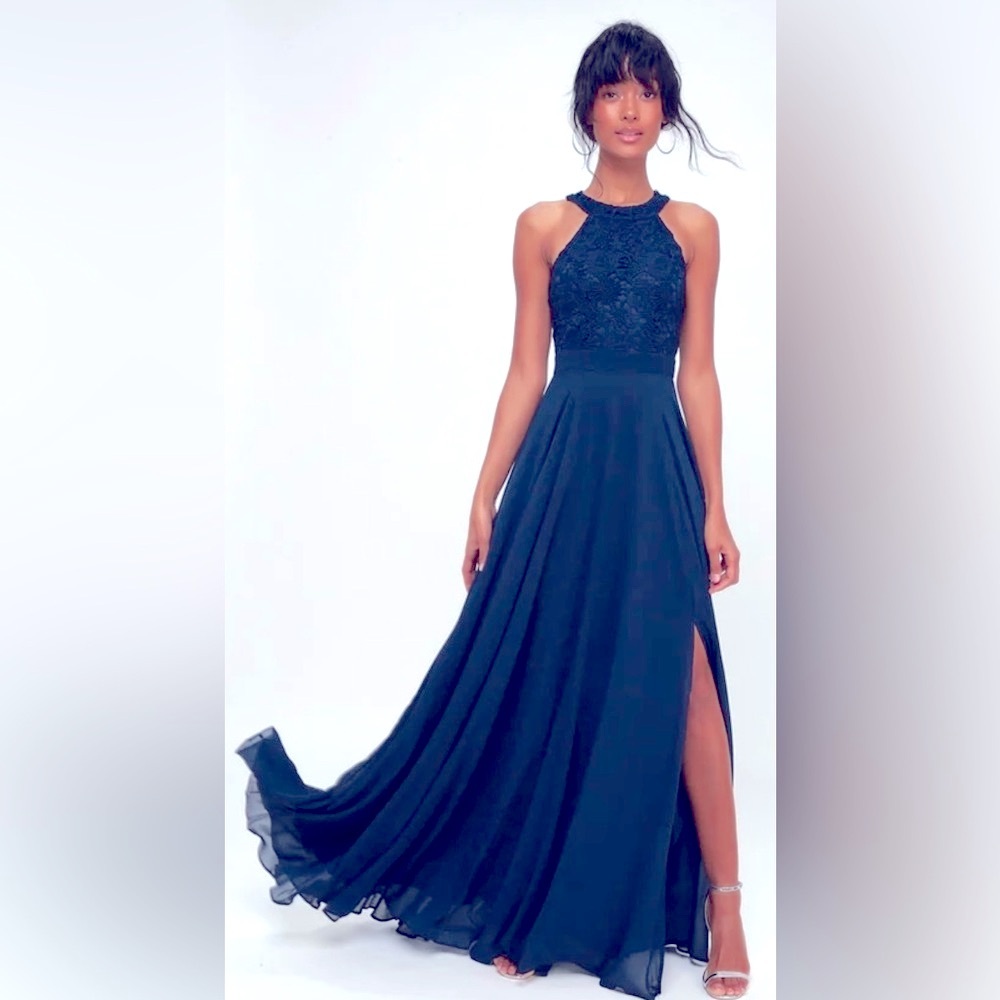 LULUS NEW Love Poem Crochet Lace Halter Gown Maxi Dress Navy Blue Xl Extra Large